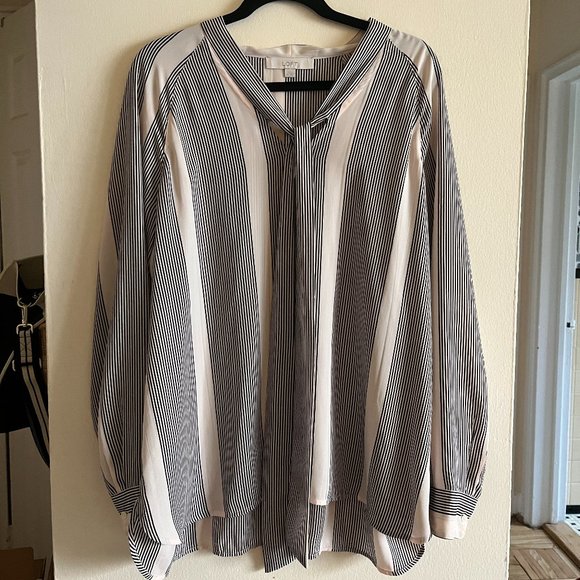 LOFT Black and White Striped Tie-Neck Blouse Size XL - Picture 1 of 2